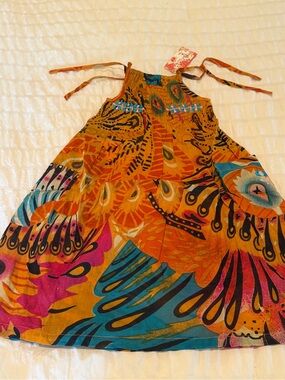 Raj Kids Boho Dress 1-2Y Orange Floral Tie Strap Cotton
